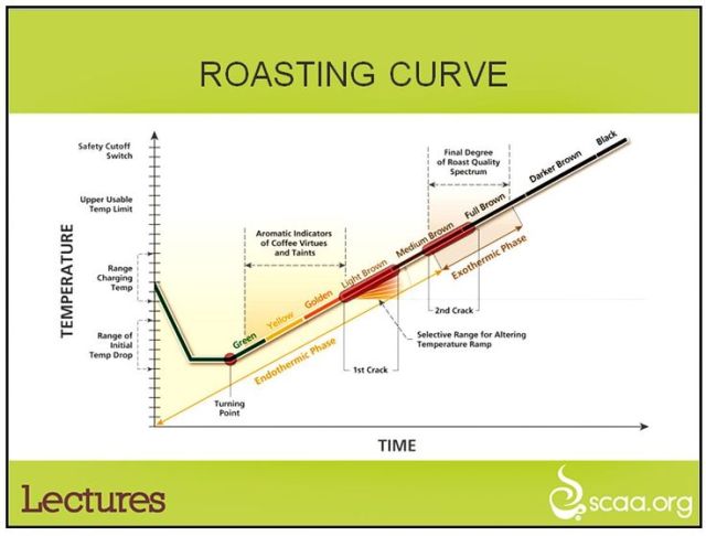 Roasting curve - mô phỏng đường cong rang. Nguồn: SCAA.org